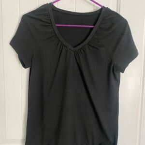 SHEIN Black V-Neck Short Sleeve Tee with Gathered Neckline XS